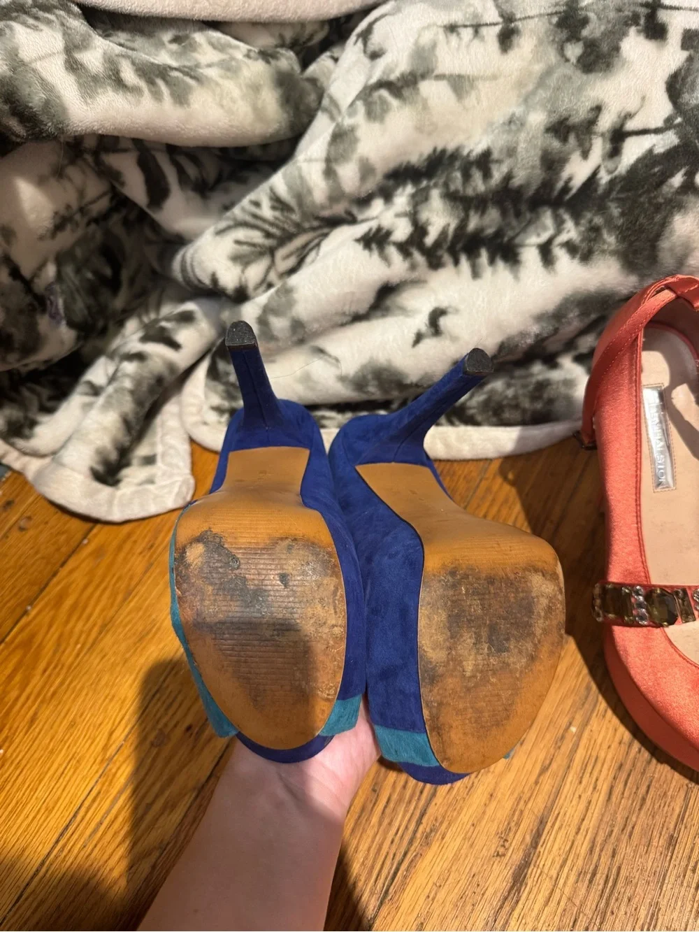 Blue & Teal Suede Peep-Toe Heels with Ankle Strap Halston heels